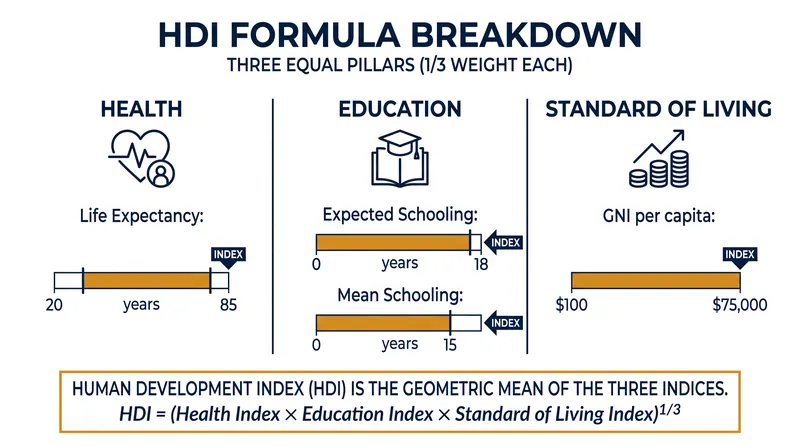 The HDI normalizes three distinct metrics into a single index using fixed minimum and maximum goalposts.
