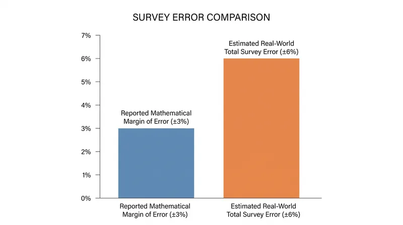 When factoring in non-response bias and weighting, the true functional error of a poll is often double the reported margin.