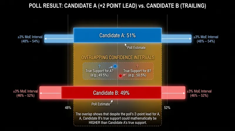 Overlapping confidence intervals mean a narrow lead is statistically indistinguishable from a tie.