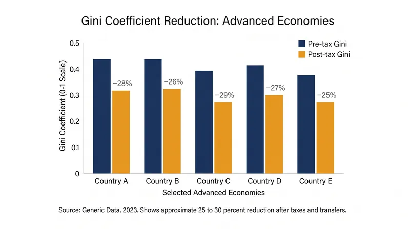 Taxes and government transfers significantly reduce the raw market inequality in most advanced economies.