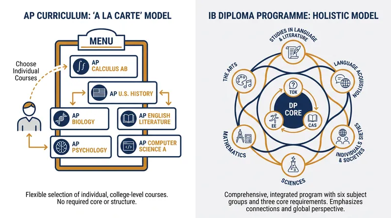 While AP allows students to pick individual subjects, the IB Diploma requires a balanced, six-subject curriculum.