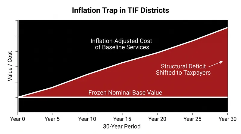 The structural deficit created by freezing the base value in nominal dollars.