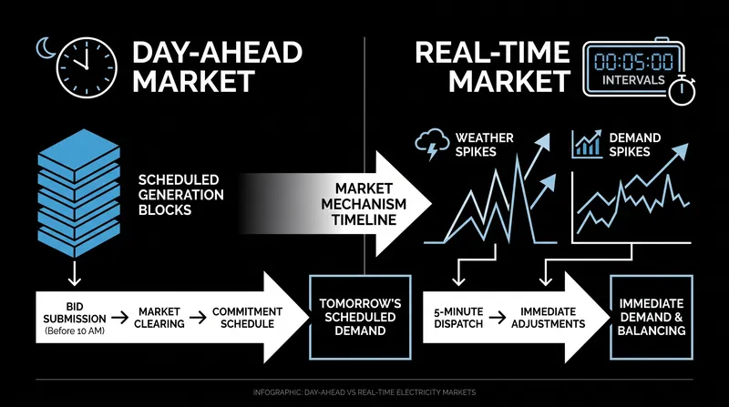 How RTOs use day-ahead scheduling and real-time adjustments to balance the grid.