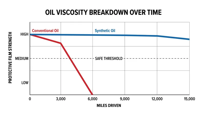 Synthetic oils maintain their molecular structure and protective film strength significantly longer under thermal stress.