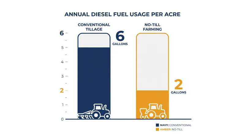 No-till farming drastically reduces the fuel required to manage agricultural land.