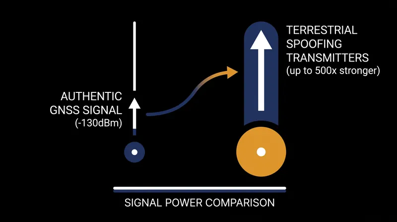 The physical power disparity between orbital GNSS broadcasts and terrestrial spoofing transmitters.