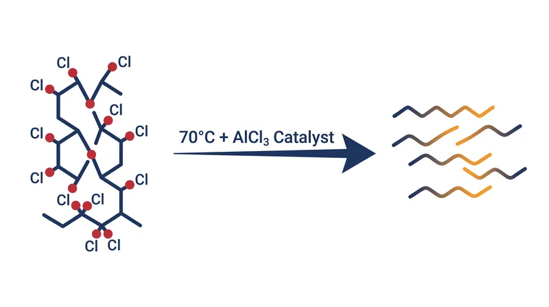 The mild-temperature process strips chlorine from the plastic and breaks its rigid carbon backbone into flexible lubricant molecules.