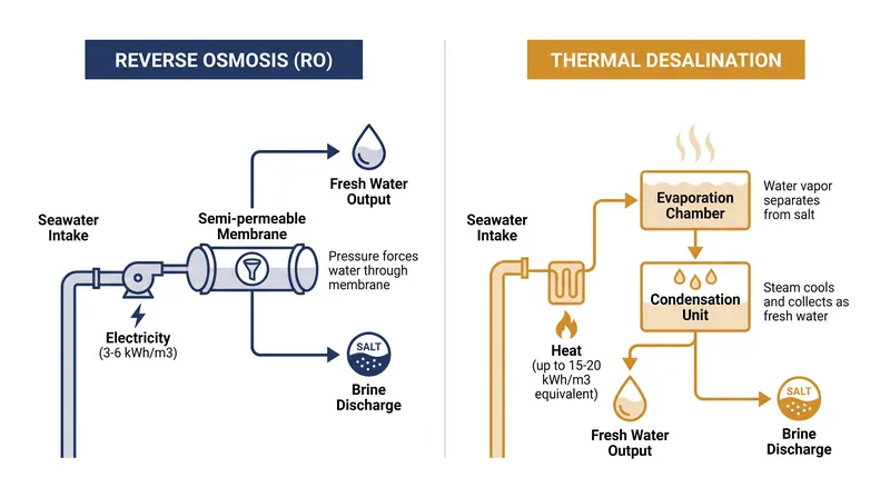 Reverse osmosis requires significantly less raw energy than thermal boiling methods.