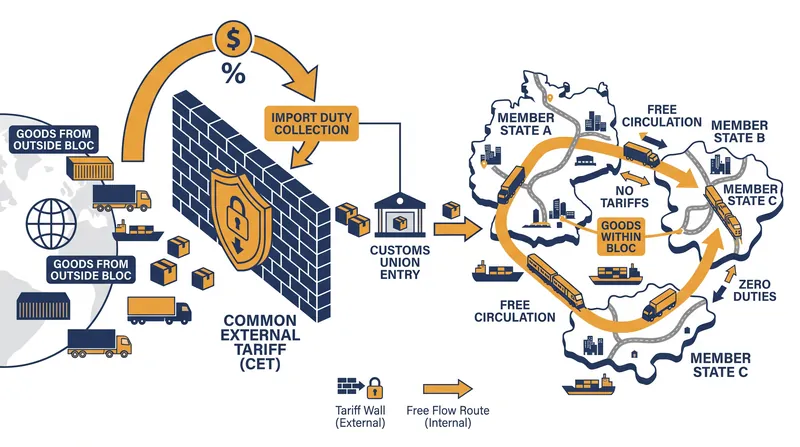 The Common External Tariff ensures that goods entering any member state face the same import duty, preventing tariff circumvention.