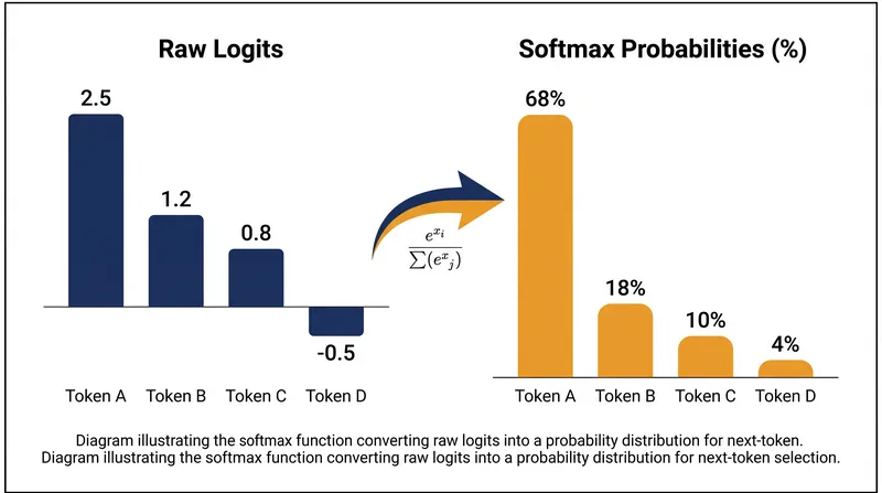 The softmax function converts raw numerical scores (logits) into a clean percentage probability distribution.
