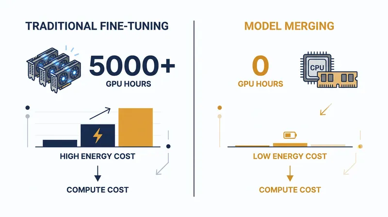 Merging models requires only basic arithmetic on a CPU, bypassing the massive GPU clusters required for traditional training.