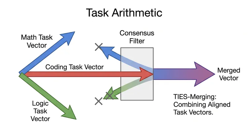 Advanced techniques like TIES-Merging resolve internal conflicts by dropping dissenting parameter updates and forcing a mathematical consensus.