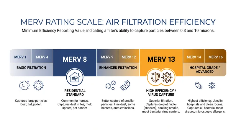 The ASHRAE MERV scale measures a filter's ability to capture particles ranging from large dust mites to microscopic bacteria.