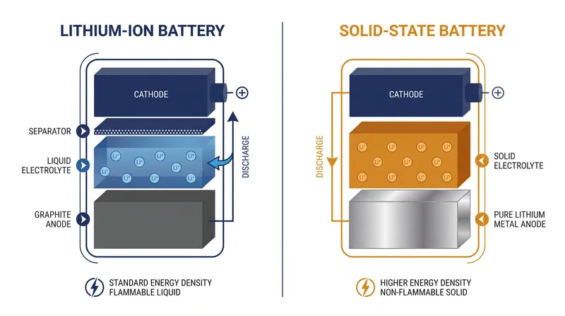 The structural difference: solid-state cells eliminate the graphite anode and liquid solvent.