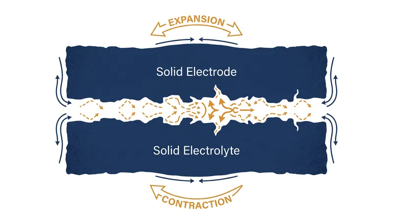 The interface problem: maintaining perfect contact between solid layers as the battery expands and contracts.