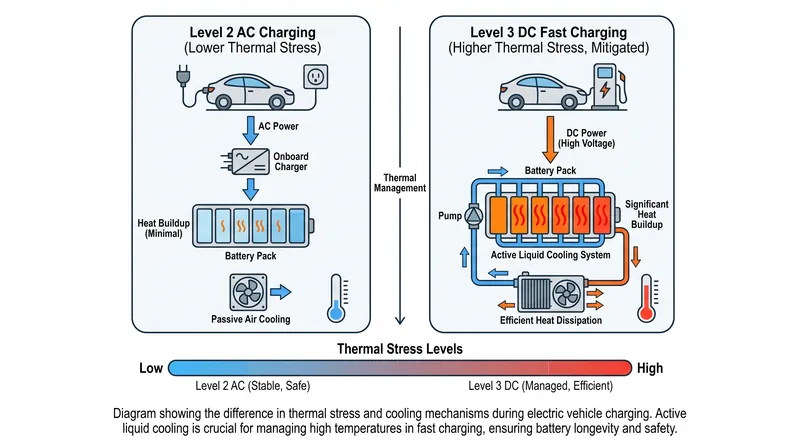 Active liquid cooling systems mitigate the thermal stress introduced by high-speed DC fast charging.