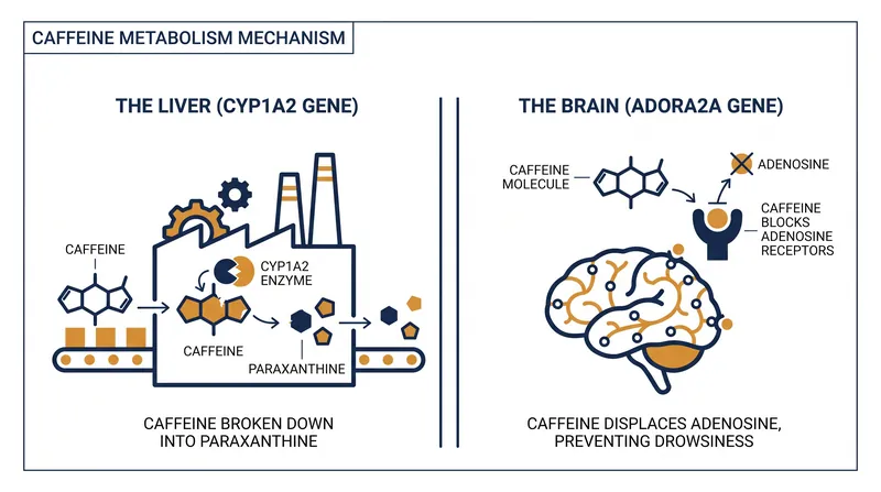 The CYP1A2 enzyme in the liver clears caffeine from the blood, while the ADORA2A receptors in the brain dictate your sensitivity to its stimulating effects.