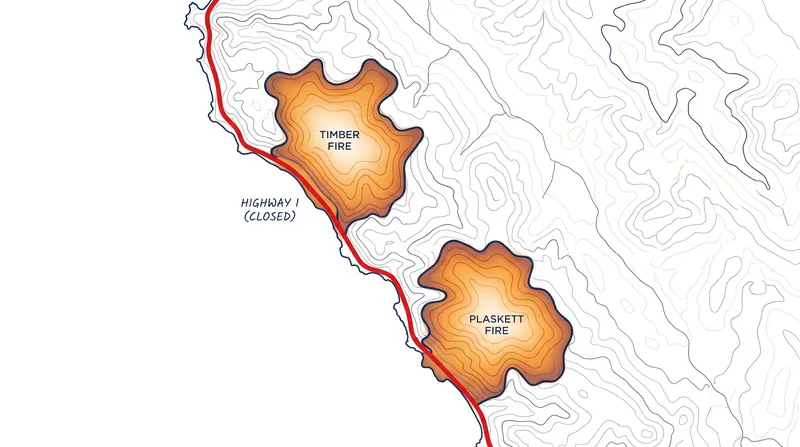 The twin blazes have forced the closure of Highway 1, severing the primary transit artery for the central coast.