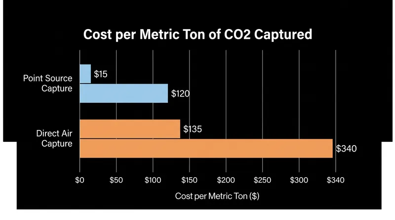 Because atmospheric carbon is highly dilute, capturing it via DAC is significantly more expensive than intercepting concentrated industrial emissions.