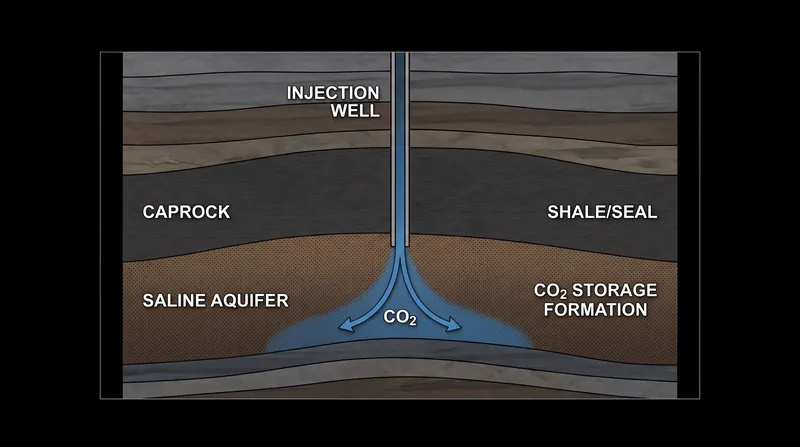 Once captured, CO2 is compressed into a supercritical fluid and injected into porous rock formations deep underground for permanent storage.