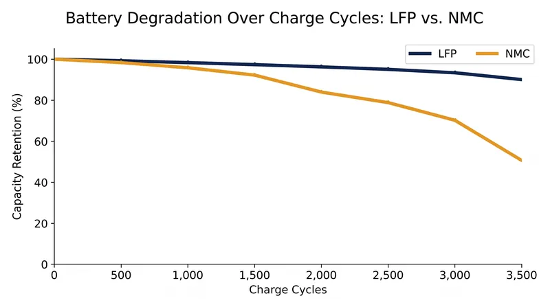 LFP batteries offer significantly more charge cycles before degrading compared to NMC cells.