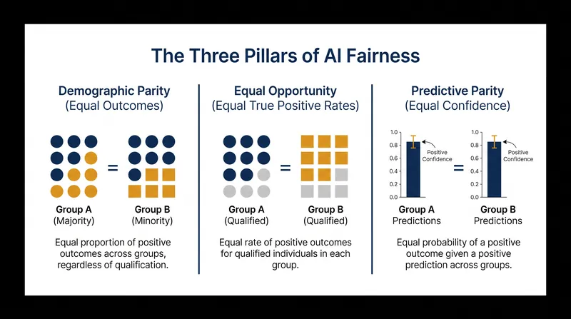 The three primary mathematical definitions of fairness used in machine learning.