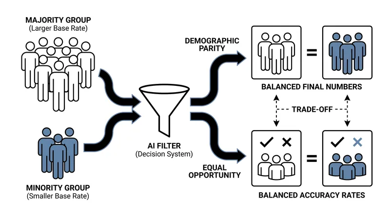 Historical data imbalances force models to choose between equal outcomes and equal accuracy.