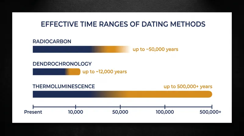 Different dating methods cover distinct, overlapping timeframes.