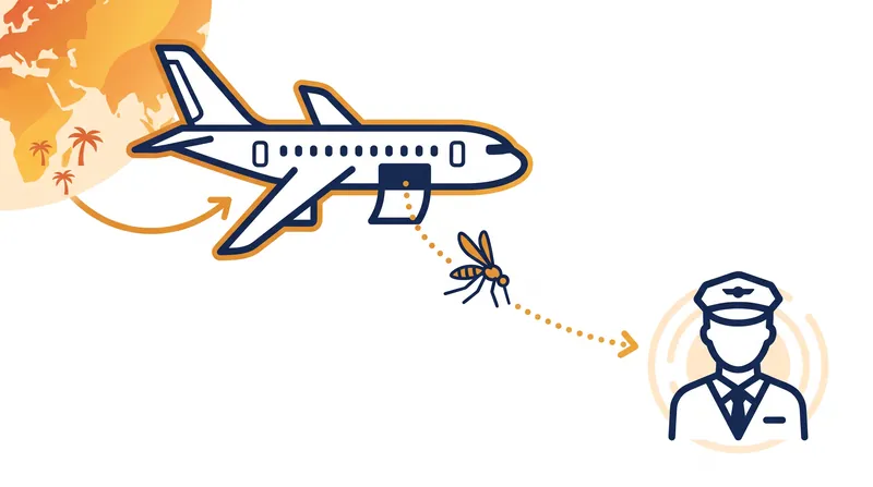Airport malaria occurs when an infected mosquito survives a flight and transmits the parasite at the destination hub.
