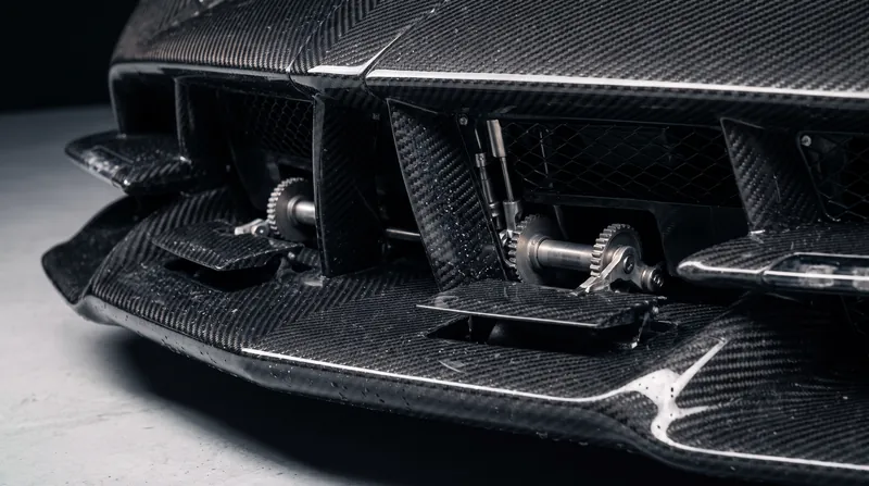 Front active flaps work in concert with the rear wing to maintain the vehicle's aerodynamic balance.