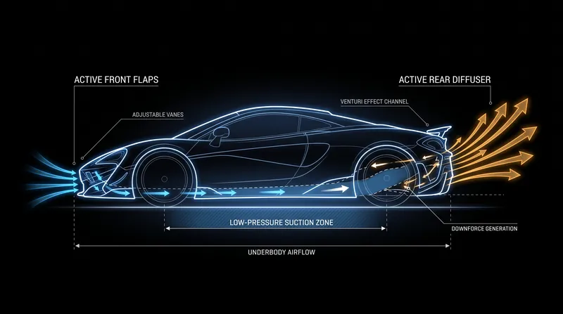 Underbody aerodynamics generate massive downforce by accelerating air beneath the chassis.