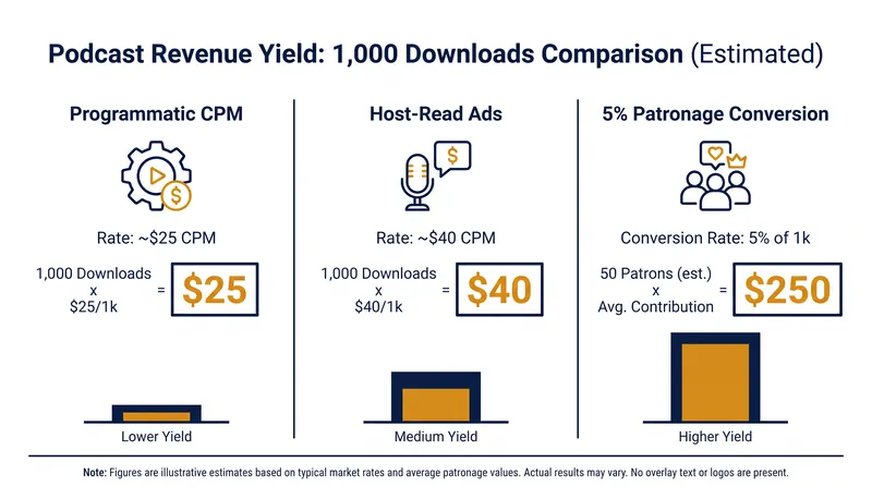 Direct patronage yields exponentially more revenue per thousand listeners than traditional advertising models.