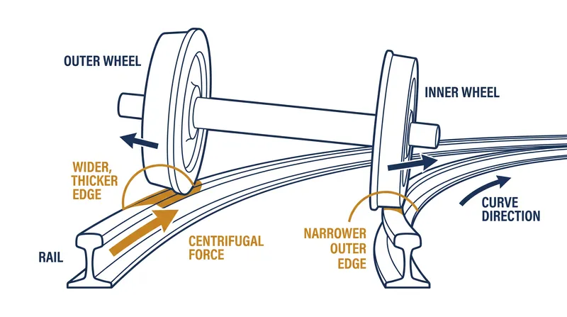 Because train wheels are conical rather than flat, a rigid axle naturally steers itself through curves without any moving steering components.