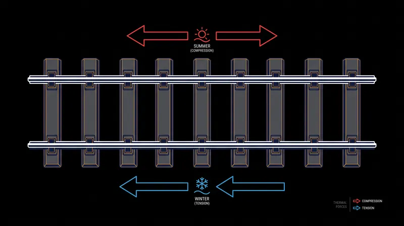 Continuous welded rails are artificially stretched to a 'neutral temperature' during installation, meaning they live their entire operational lives under immense thermal tension or compression.