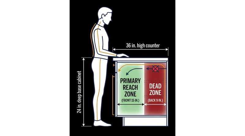 Standard 24-inch base cabinets extend well beyond the human neutral reach zone, creating a 9-inch dead zone at the back.
