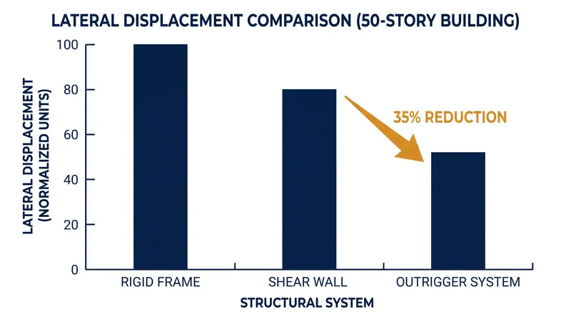 Outrigger systems offer significant reductions in lateral displacement compared to traditional frames.
