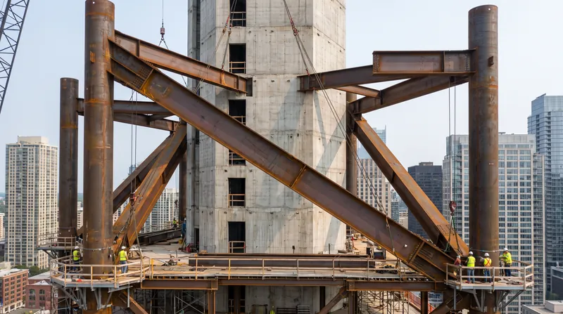 Outrigger trusses act like ski poles, tying the building's core to its outer columns for stability.