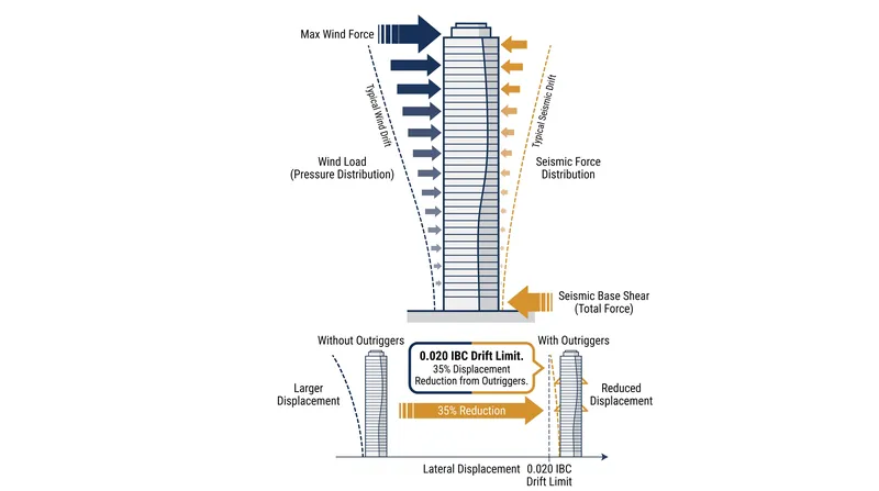 How outrigger systems reduce lateral displacement to meet strict building codes.