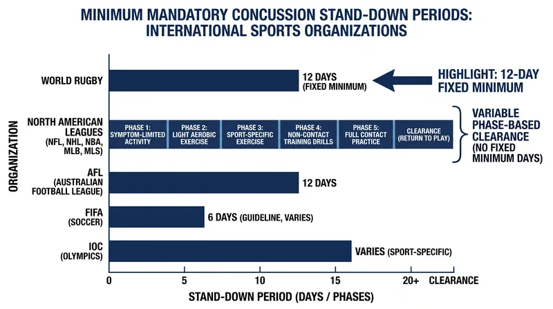 International sports organizations diverge significantly on whether to mandate hard minimum stand-down periods.