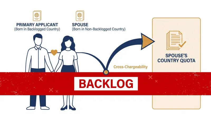 Cross-chargeability allows applicants to use their spouse's country of birth to bypass decades-long backlogs.
