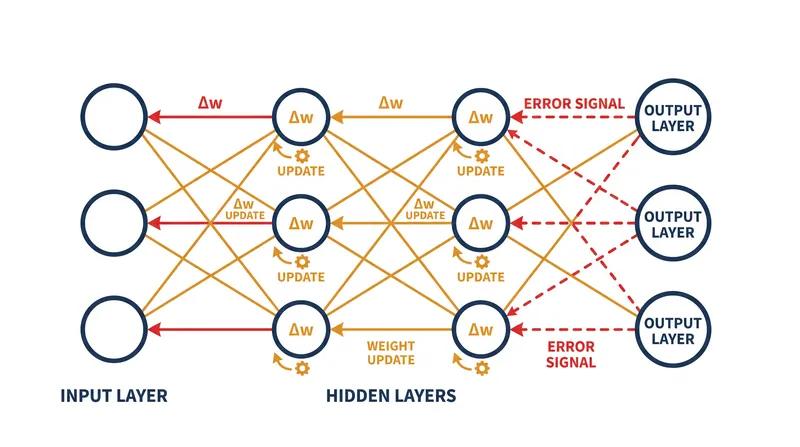 Backpropagation calculates the error gradient and sends it backward to adjust the network's weights.