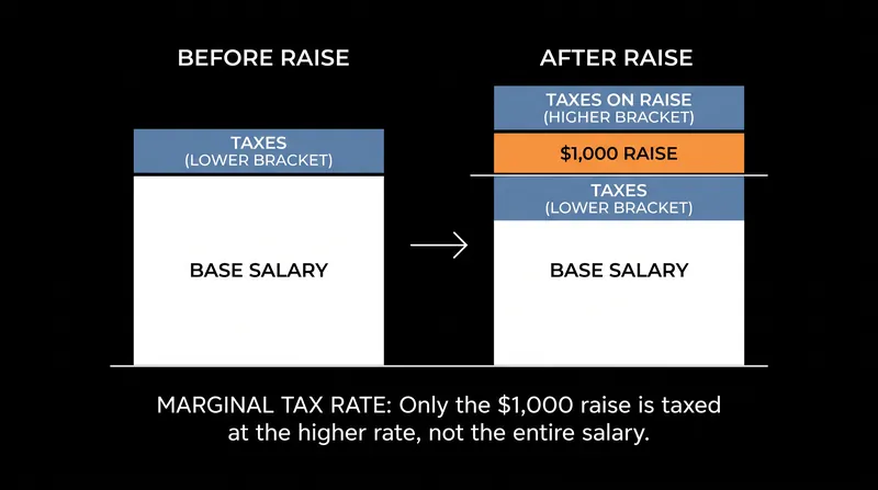 A raise is only taxed at the rate of the bracket it falls into, ensuring net pay always increases.