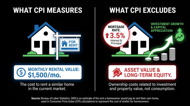 The CPI measures the shelter value of a home, explicitly excluding its value as an investment asset.