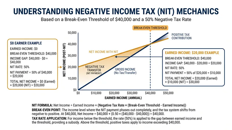 The Negative Income Tax smooths the 'benefits cliff' by gradually phasing out the subsidy as earned income rises.