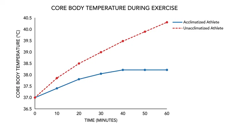 Acclimatized athletes maintain a lower core body temperature during exertion due to earlier and more efficient sweating.