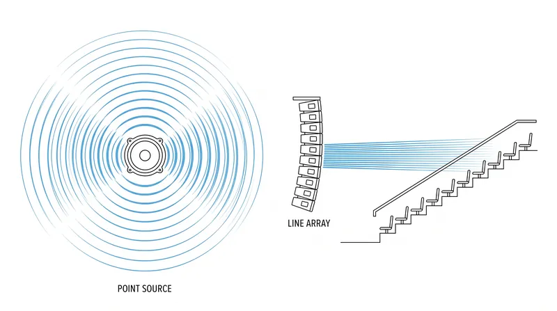 Line arrays focus acoustic energy directly at the audience, minimizing echoes off the stadium roof.