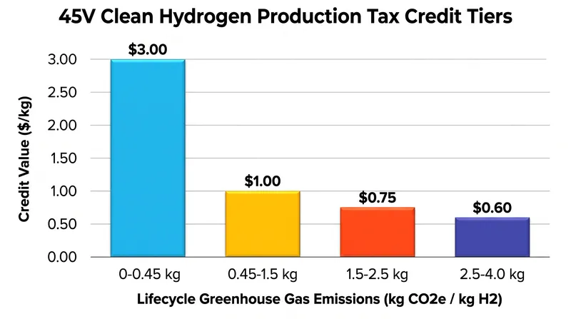 The 45V credit drops precipitously if a facility's lifecycle emissions exceed 0.45 kilograms of CO2e per kilogram of hydrogen.
