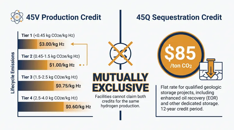 Developers must choose between subsidizing the hydrogen produced (45V) or the carbon captured (45Q).