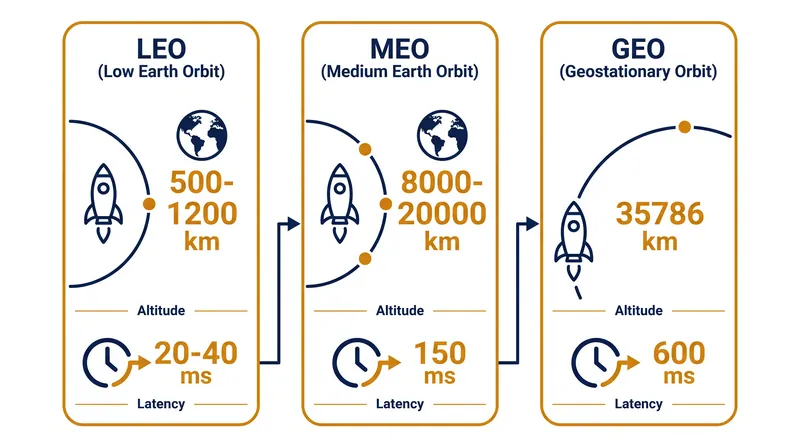 Altitude dictates latency: LEO offers fiber-like speeds, while GEO suffers from a 600-millisecond delay.