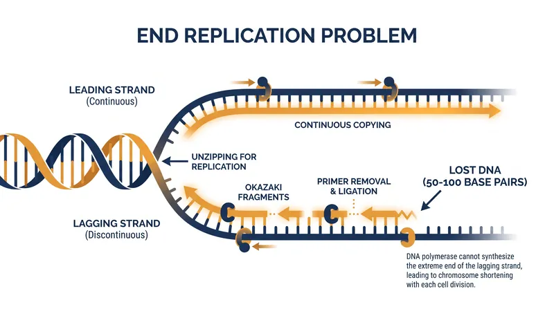 Because DNA polymerase can only work in one direction, the lagging strand cannot be copied to its absolute end, resulting in permanent base-pair loss.